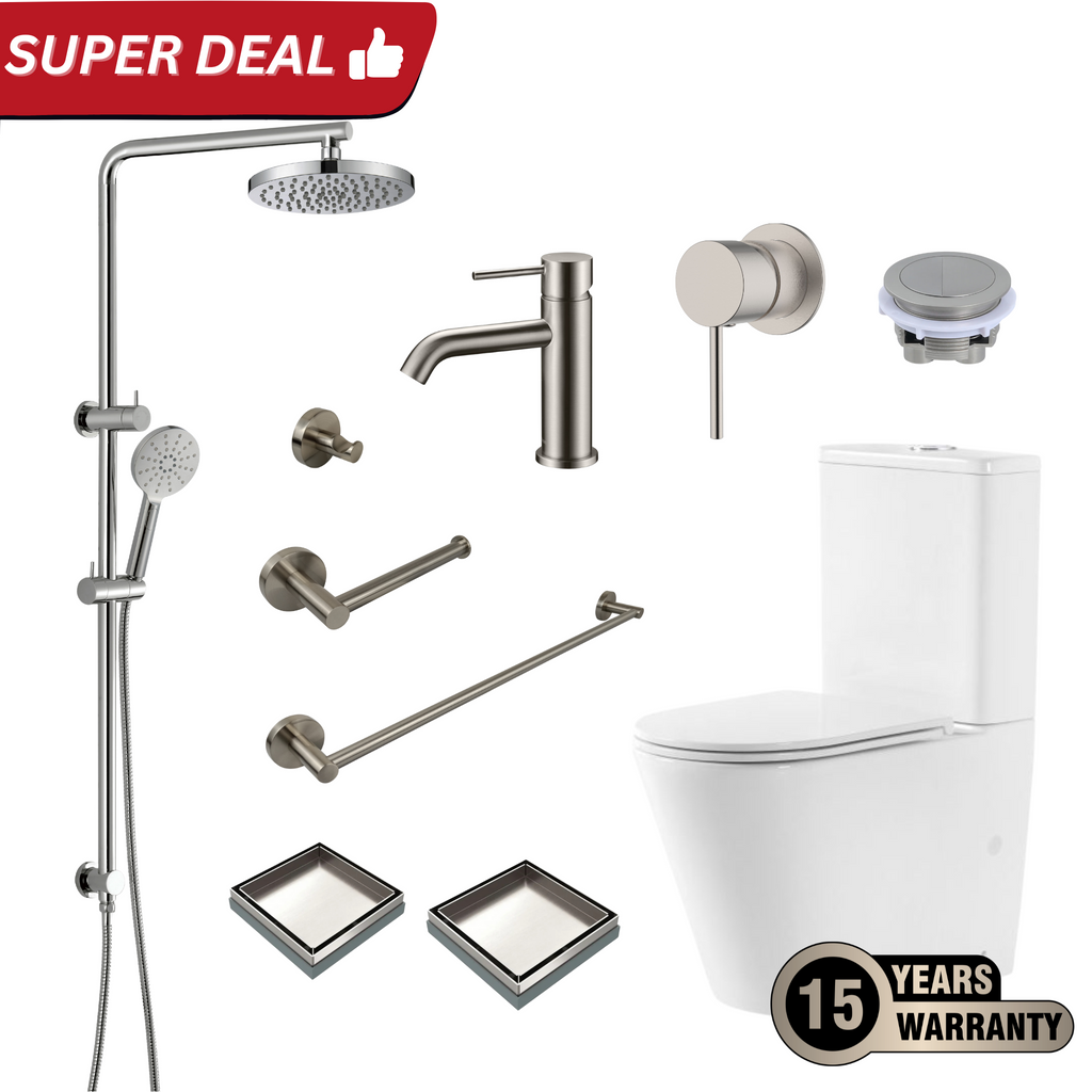 Wellsons Toilet Tapware Shower Complete Bathroom Package Brushed Nickel