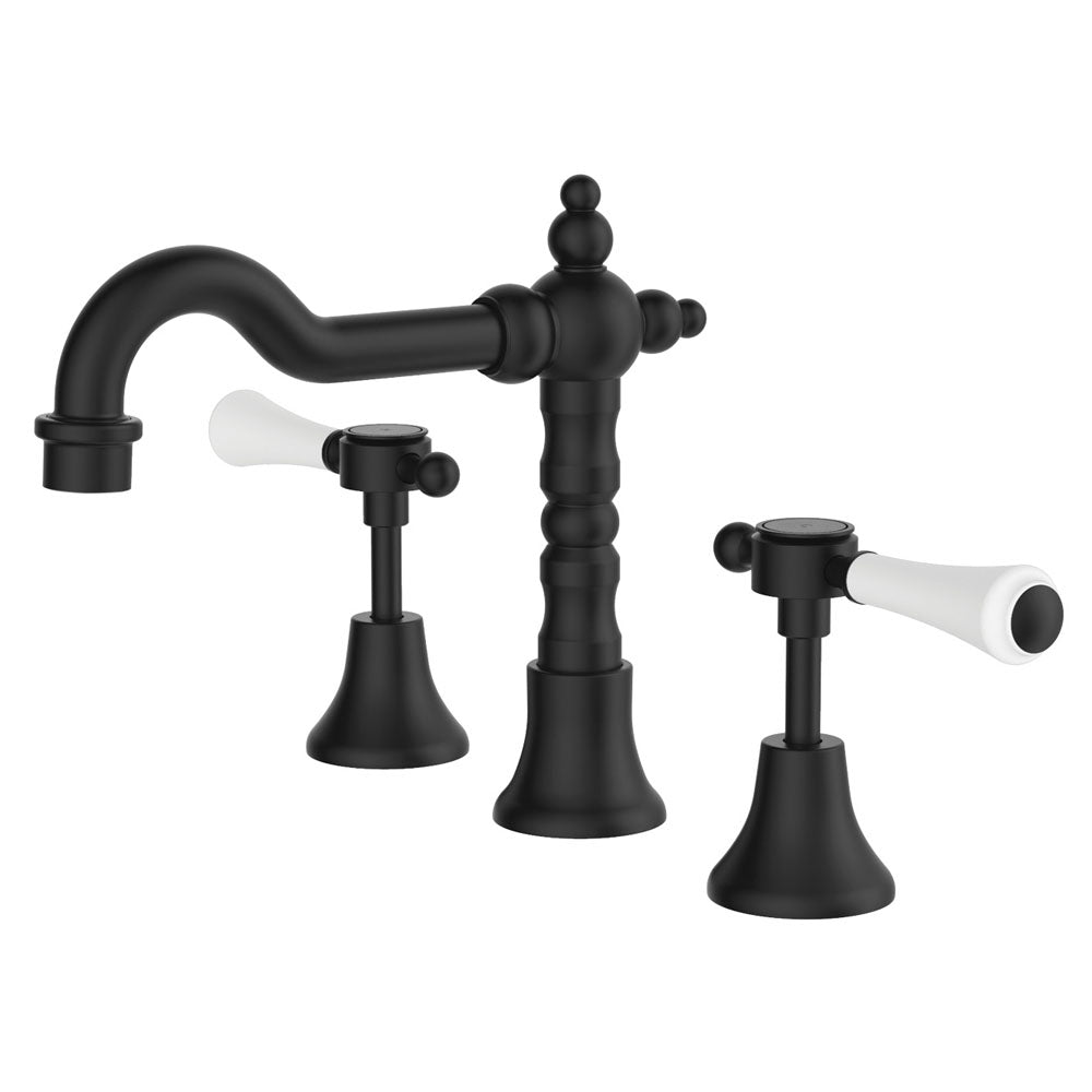 Fienza Lillian Lever Shepherds Crook Basin Set with Ceramic White Handle - Matte Black