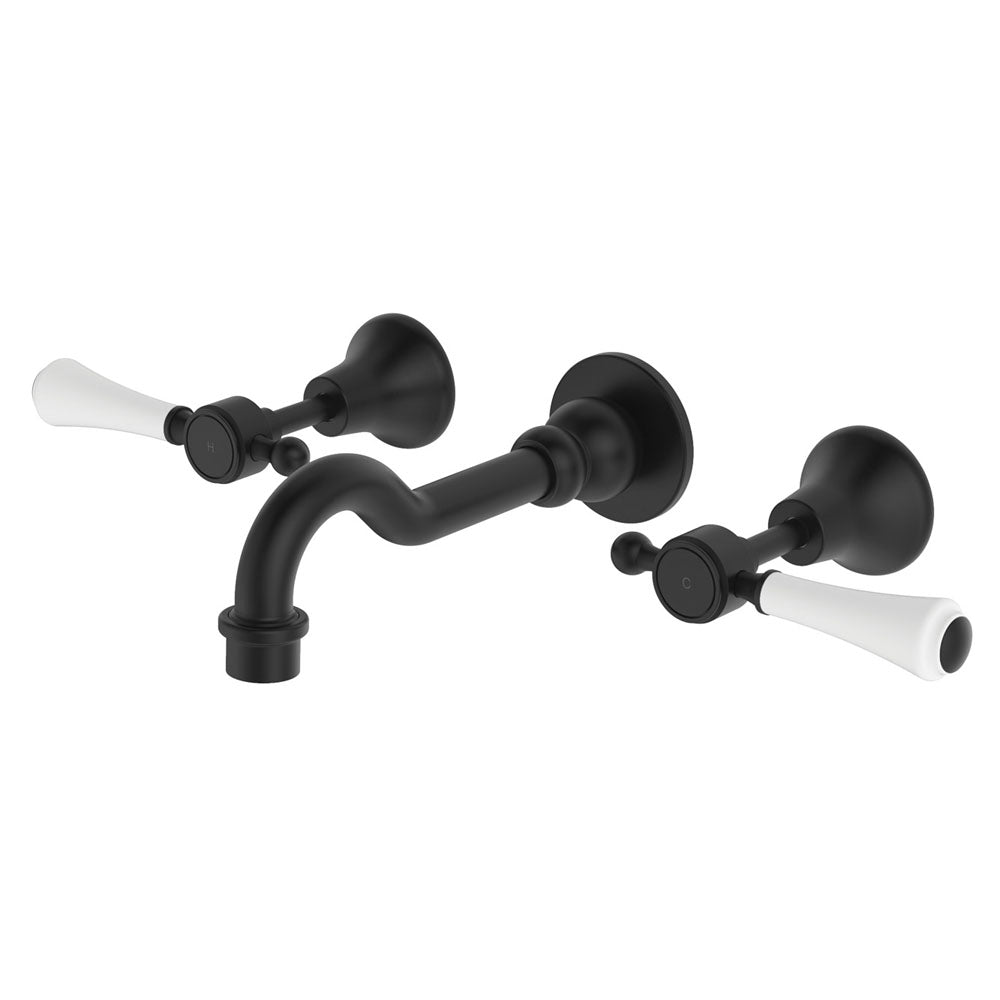 Fienza Lillian Lever Basin Bath Wall Set - Matte Black with Ceramic White Handles