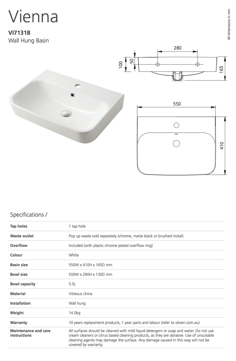 Oliveri Vienna Wall Hung Basin – Wellsons